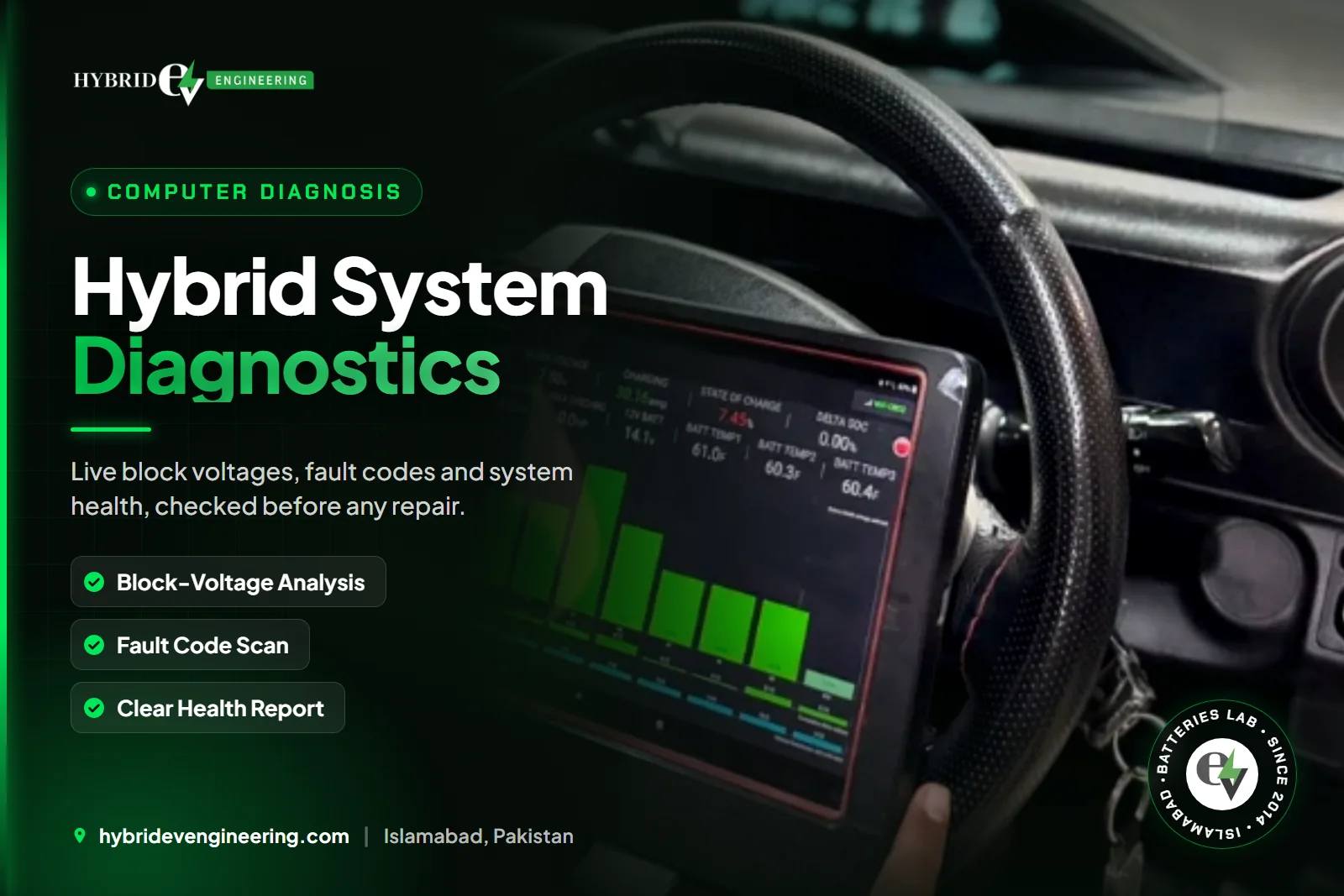 Hybrid system computer diagnostics with live battery block voltages