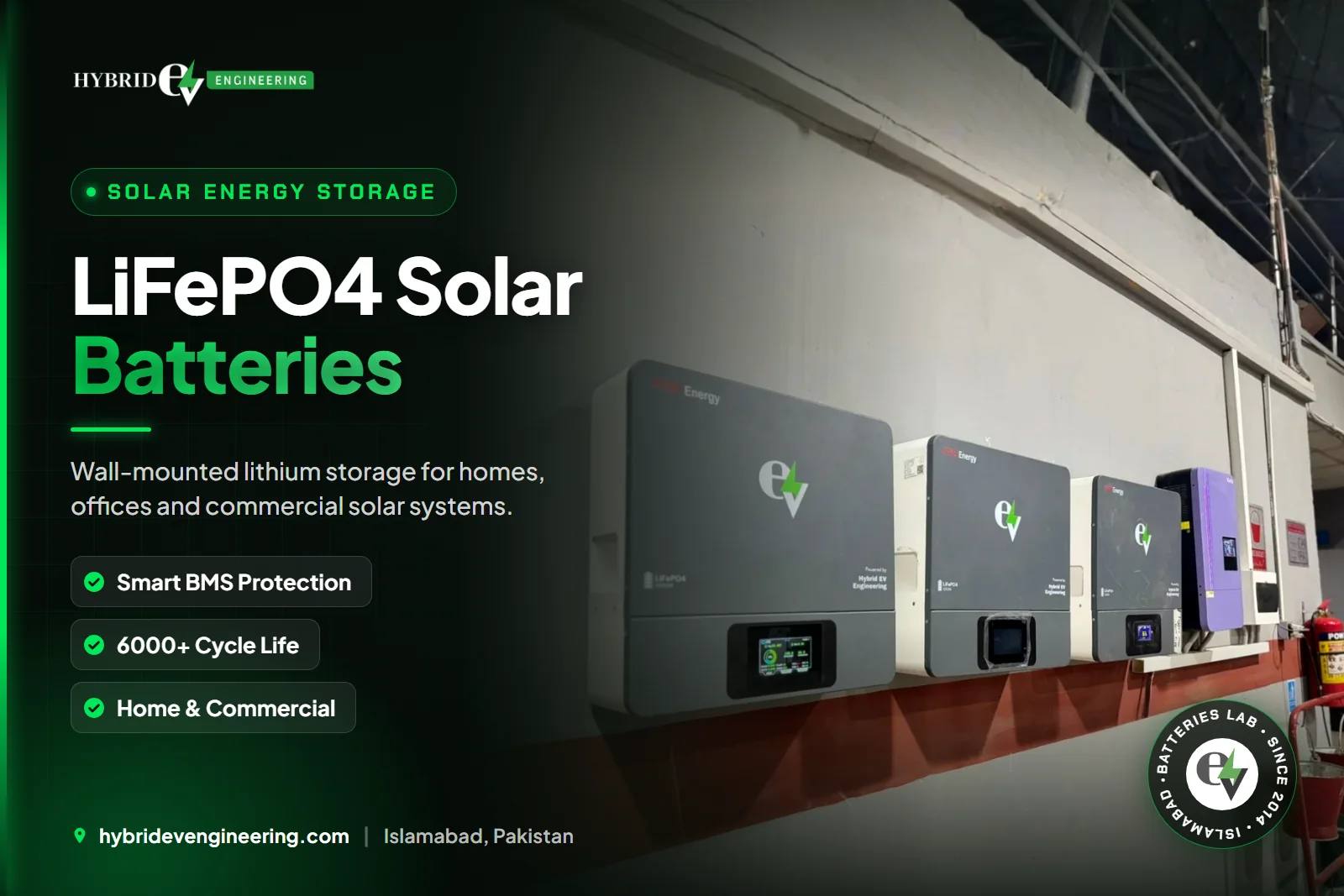 Wall-mounted LiFePO4 solar batteries by Hybrid EV Engineering
