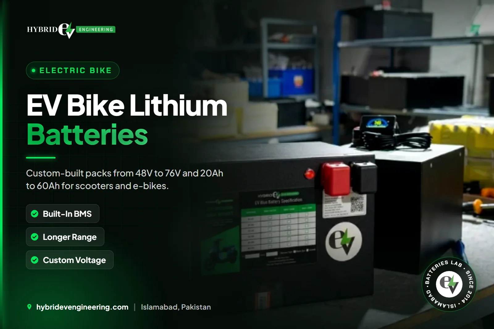 Custom EV bike lithium battery pack by Hybrid EV Engineering