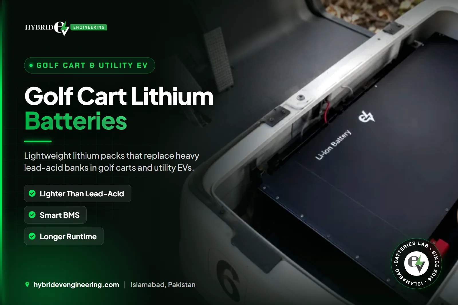 Lithium battery pack installed in a golf cart